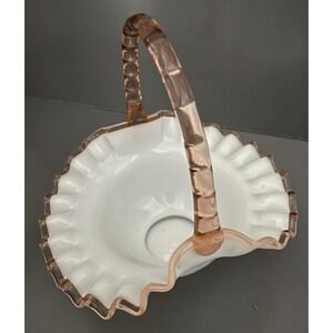 Fenton Ruffle Edge Rose Crest Milk Glass Bamboo Applied Handle 1940's Vintage